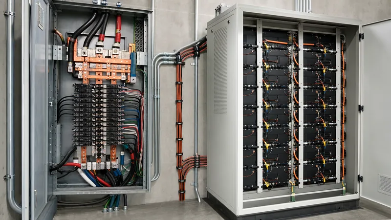 Electrical distribution room showing a 200 amp solar system panel and battery energy storage integration.