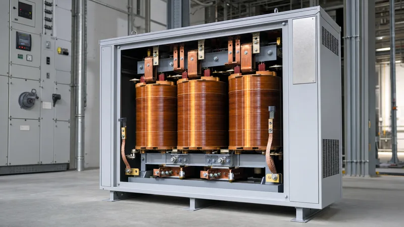 Internal view of a 208 step up to 240 delta industrial dry-type transformer showing copper windings and busbars