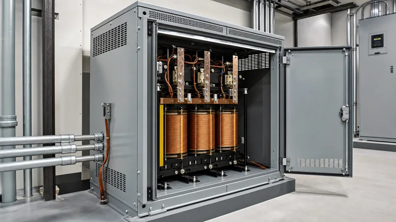 Dry-type 208 to 480 transformer with copper windings installed in an industrial electrical room