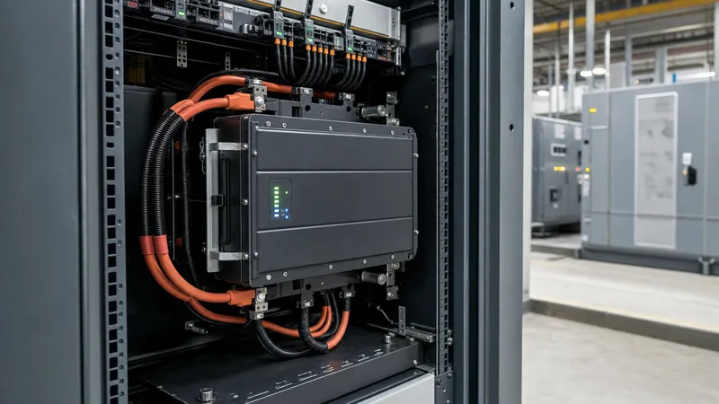 Front view of an industrial 3 kilowatt hours battery module installed in a standard equipment rack with DC bus connectio