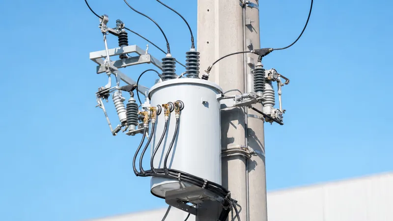 Heavy-duty 3 phase pole mounted transformer installed on utility pole with drop-out cutouts and surge arresters