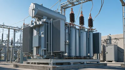 Industrial 3 phase transformer installed outdoors in an electrical distribution substation