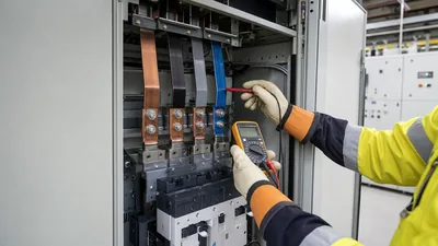 Testing 3 phase voltage across industrial copper busbars using a digital multimeter inside switchgear