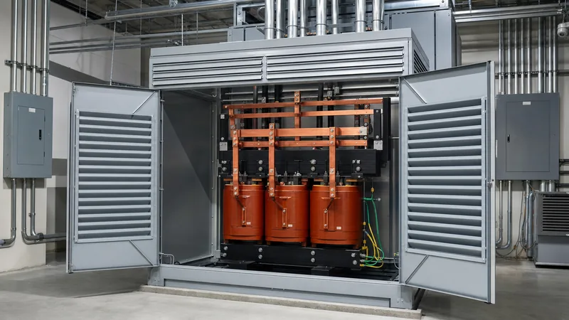 Industrial 480 277 transformer installation showing secondary terminals and grounding connections