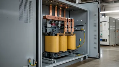 Industrial 480 to 240 transformer installed in electrical room showing terminal connections and ventilated enclosure