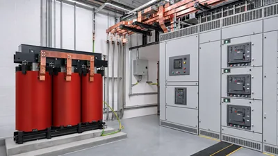 Engineered 480v 3 phase transformer and distribution switchgear installed in an industrial electrical room.