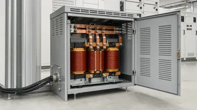 Industrial 480v to 240v transformer showing copper windings and secondary terminal connections in an enclosure