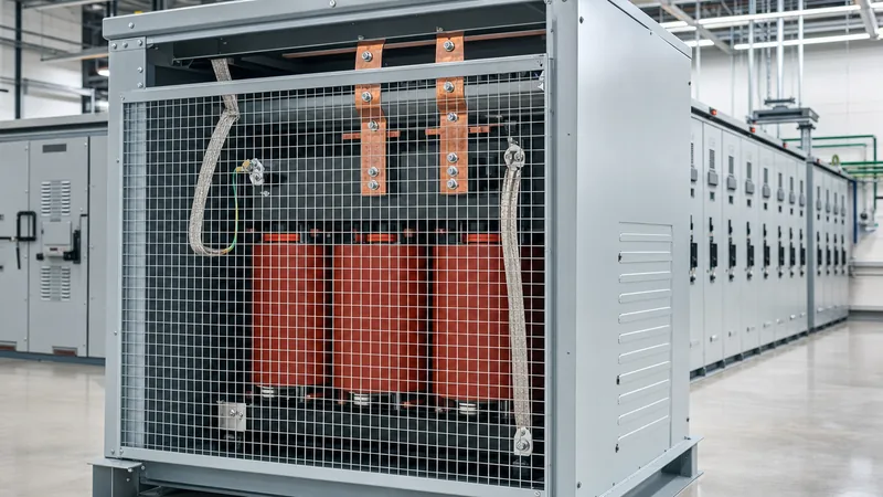 Industrial indoor 480v transformer installation with heavy-gauge ventilated enclosure and copper busbar connections