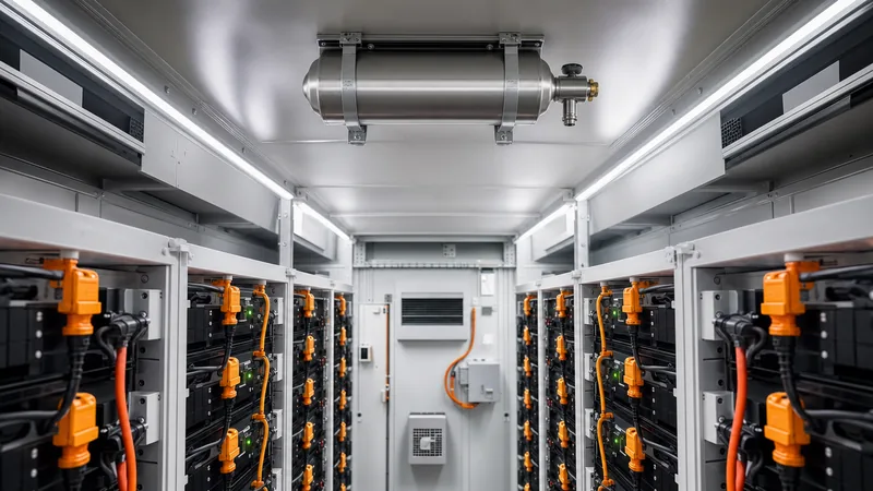 Condensed aerosol fire extinguisher canister mounted on ceiling of energy storage enclosure