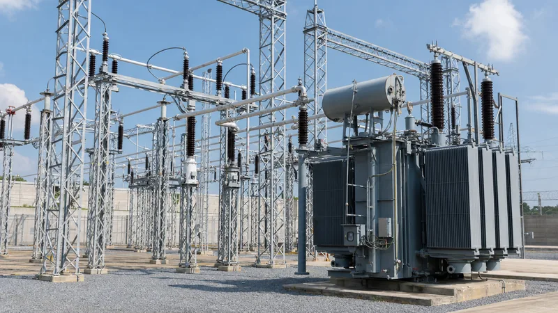 Outdoor air insulated substation switchyard featuring high-voltage gantry structures and circuit breakers