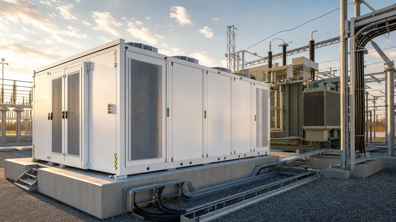 Commercial battery storage installation featuring outdoor liquid-cooled battery enclosures and electrical switchgear