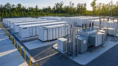 Commercial battery storage projects showing modular liquid-cooled containers and step-up transformer substations