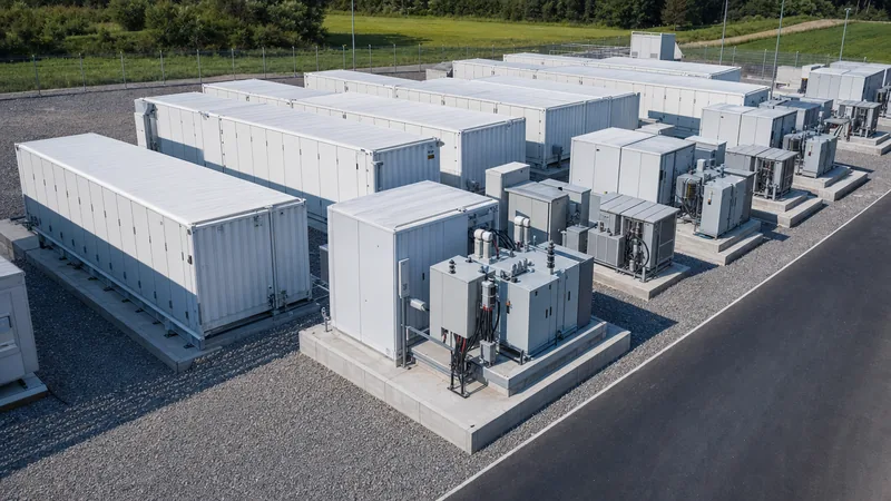 Engineered BESS place showing containerised lithium battery storage facility and transformer skids