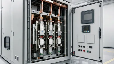 Medium voltage circuit breaker ratings nameplate and vacuum interrupters inside switchgear panel