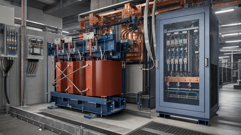 Industrial electrical room setup demonstrating how to convert 1 phase to 3 phase using a converter and transformer