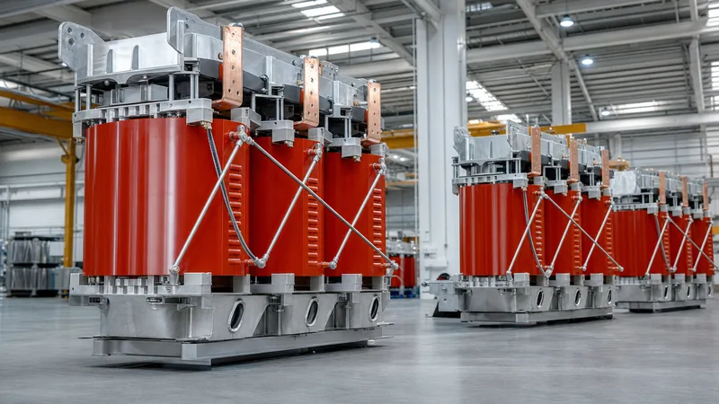 Industrial diecast transformers showing vacuum cast resin coils, core laminations, and busbars