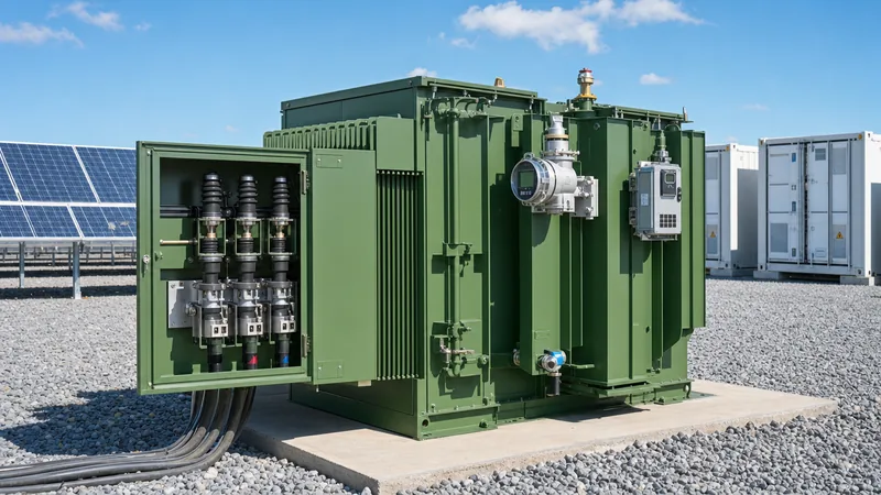 Medium-voltage step-up transformer installed in a distributed energy generation market solar and storage plant