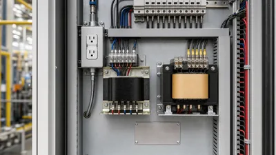 Industrial electrical outlet transformer installed inside an electrical control enclosure with wiring and circuit breake