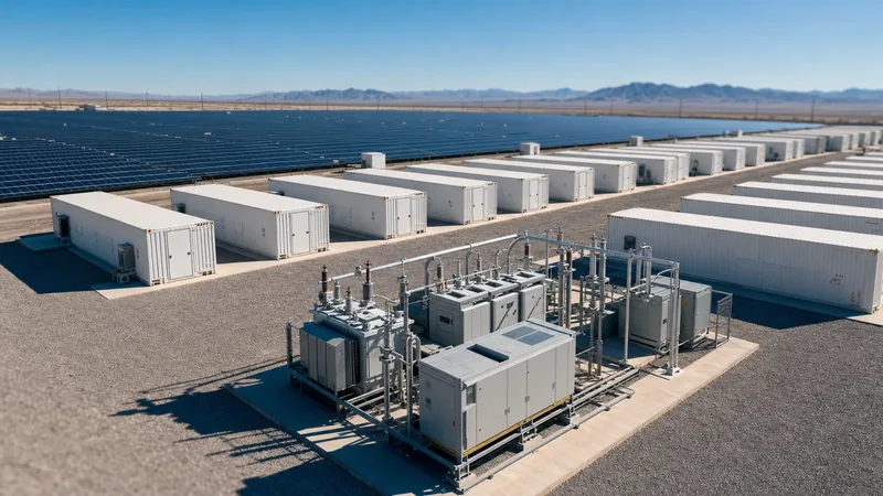 Utility-scale energy storage systems integrated with solar farm panels and transformer substation skid