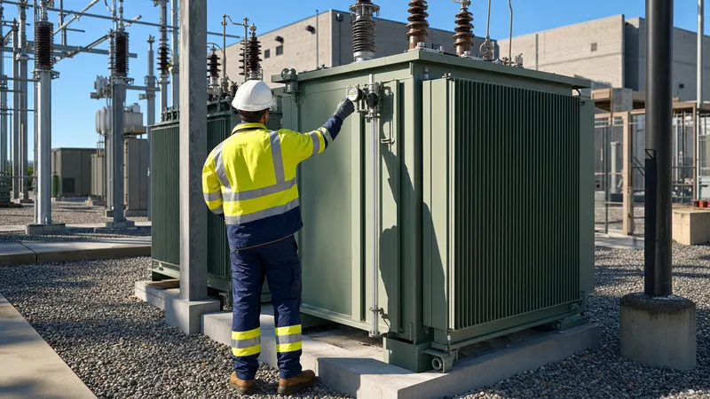 Engineers inspecting an electrical transformer filled with fire-safe fr3 transformer oil in an industrial substation