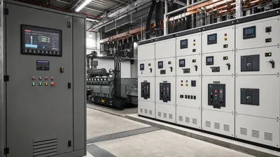 Industrial switchboard digital meter displaying generator kva to amps calculator measurements
