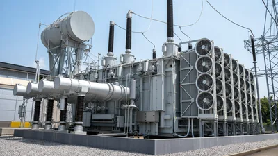High-voltage generator transformer installed in a utility power plant substation step-up yard