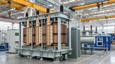 Large industrial Georgia transformer core and winding assembly inside a modern manufacturing plant