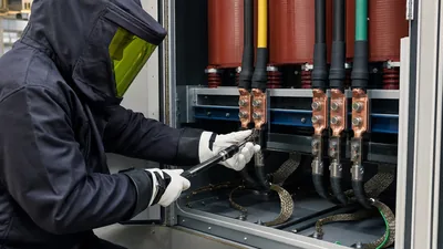 Electrician demonstrating how to wire up transformer terminal lugs with calibrated torque tool