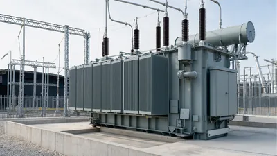 Heavy duty industrial power transformer installed in an outdoor factory electrical substation