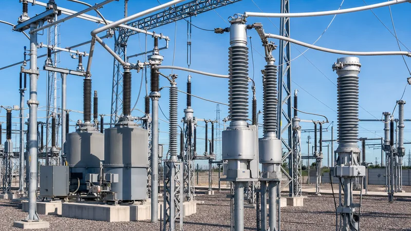 High voltage instrument transformers installed in an electrical transmission substation yard