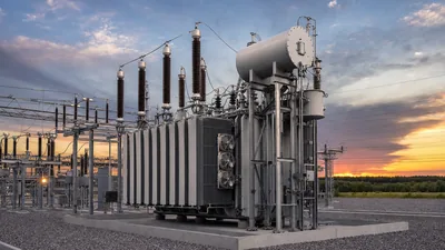 Large power transformers installed in high voltage transmission substation with bushings and cooling banks