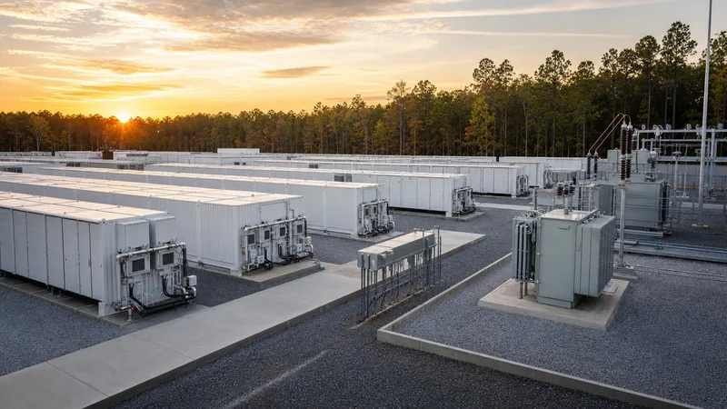Aerial view of the largest storage battery installation with liquid-cooled containers and substation