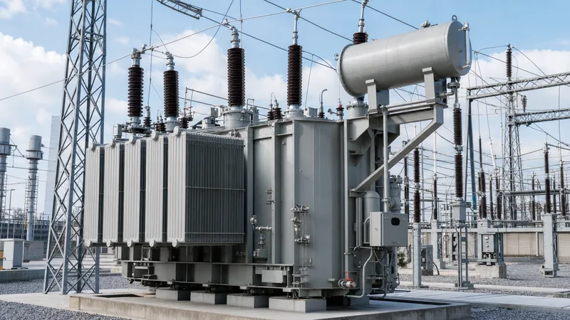 Large substation power transformer replacing legacy utility transformers in an outdoor electrical utility switchyard