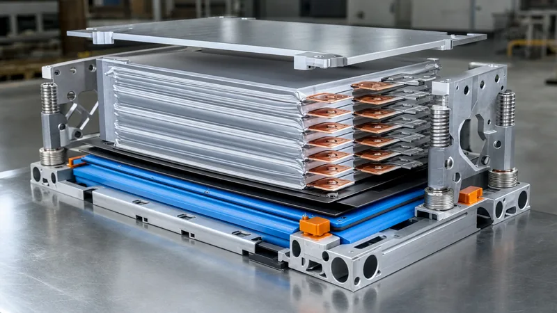 LiFePO4 pouch cells stacked inside an industrial battery module with compression endplates and thermal interface pads