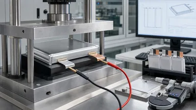 Factory inspection of lipo battery cells mounted in precision module compression fixture