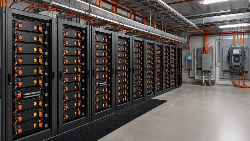 Commercial lithium battery bank racks with LiFePO4 modules in an energy storage substation
