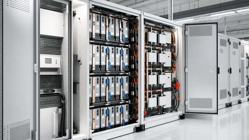 Industrial lithium ion battery rack configuration showing prismatic cells and DC switchgear