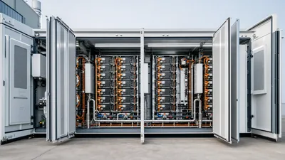 Industrial high-voltage lithium iron phosphate batteries installed in a liquid-cooled containerised BESS rack