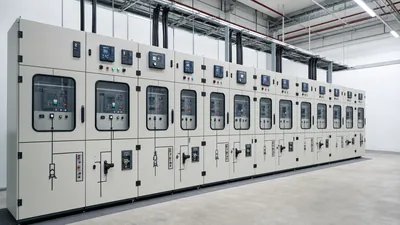 Industrial indoor metal enclosed switchgear lineup with digital protection relays and mimic diagrams