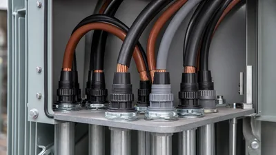 Plastic bushing electrical conduit fitting installed on rigid raceway entering transformer enclosure