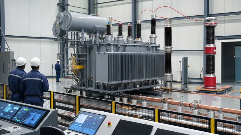 Engineers conducting power transformer testing in a high voltage factory test bay
