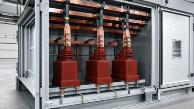 Three-phase indoor medium voltage pt transformer assembly installed inside an electrical switchgear enclosure.