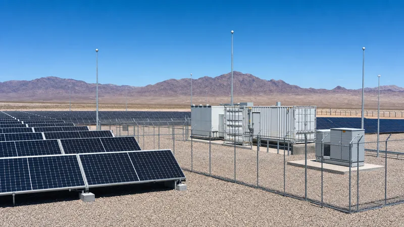 Industrial remote solar power system with ground-mounted photovoltaic panels and battery energy storage container.