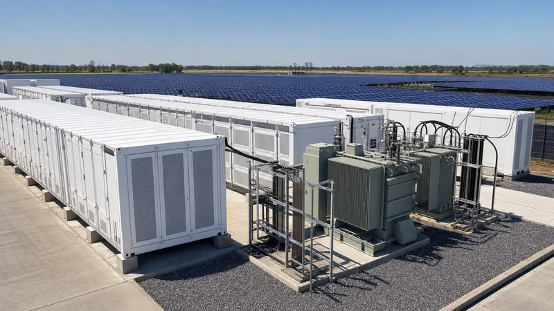 Industrial utility-scale renewable energy storage container installation connected to solar farm