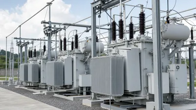 High voltage single phase transformer units installed in an electrical power distribution substation