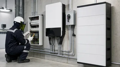 Certified technician performing testing during a residential solar battery installation on a wall-mounted unit