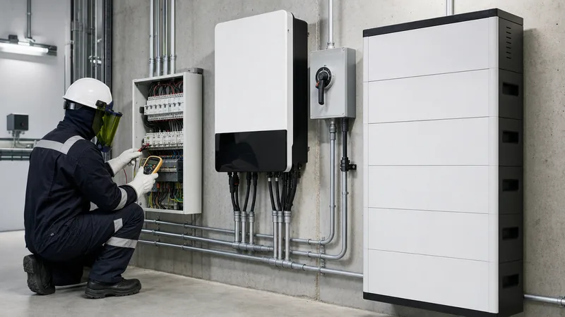 Certified technician performing testing during a residential solar battery installation on a wall-mounted unit