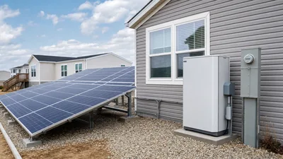 Ground-mounted solar panels for mobile homes with external battery energy storage unit