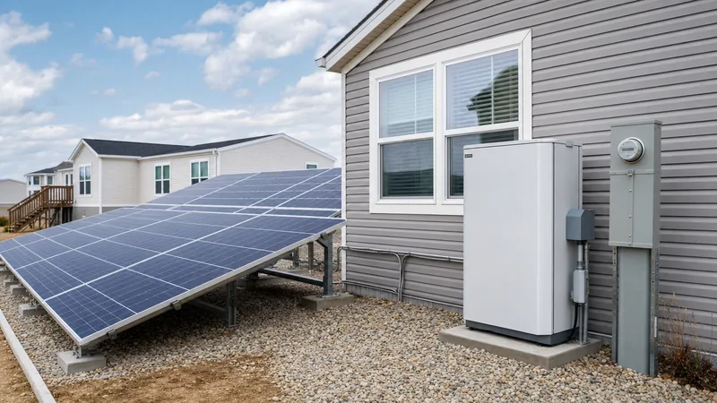 Ground-mounted solar panels for mobile homes with external battery energy storage unit
