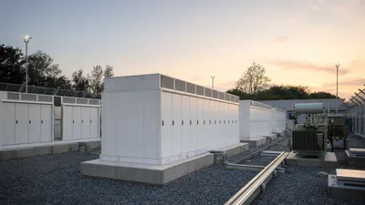Industrial stationary battery energy storage container installation showing power conversion equipment